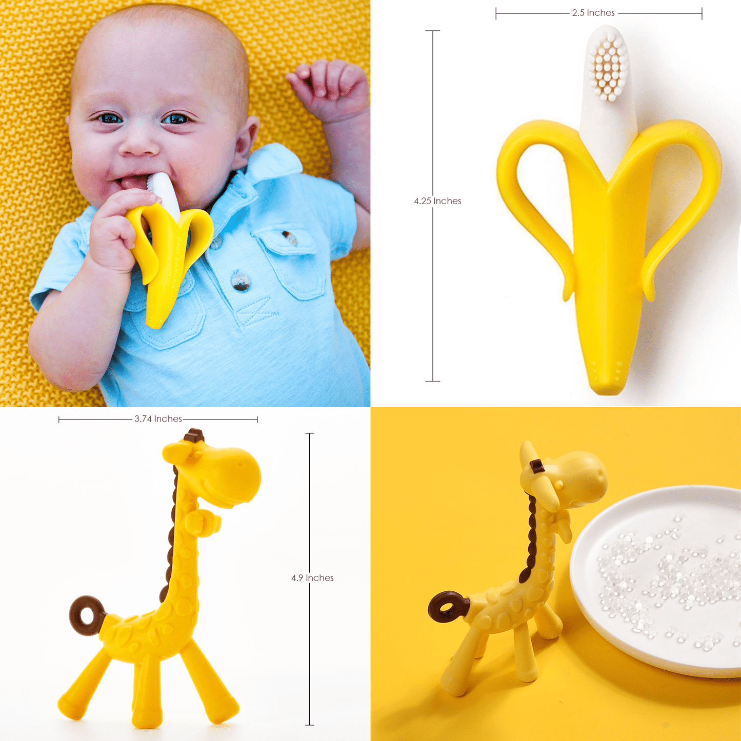BabyGoods Teething Mitten Infant Glove with Banana Brush and Giraffe Teether, Pink, 3 Count