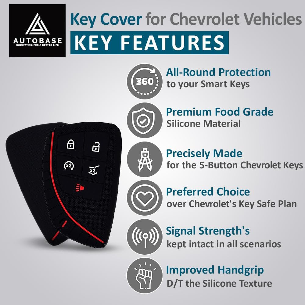 Autobase Silicone Key Fob Cover for 2025 Chevy Equinox Silverado GMC Sierra | Rubber Remote Key Fob Protector Case with 5 Buttons - Black - 2 Pcs